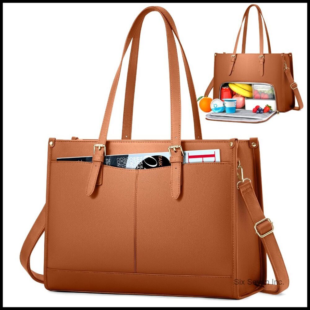Leather Quilted Laptop Tote with Insulated Lunch Compartment Elegant Work Bag